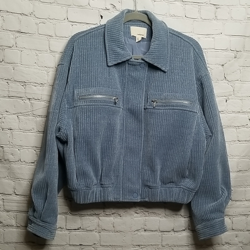 THE KORNER Women's Blue/gray Corduroy Zip Bomber Jacket Size Large EUC